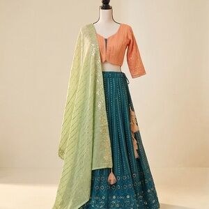 India Boutique Orange Top and Blue Skirt Set with Green Scarf lehenga choli.